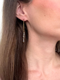 Close-up of a woman wearing Moksha Jewelry’s Aurora Drops, delicate gold-filled labradorite dangle earrings on a fine chain, showing their elegant length and subtle shimmer.