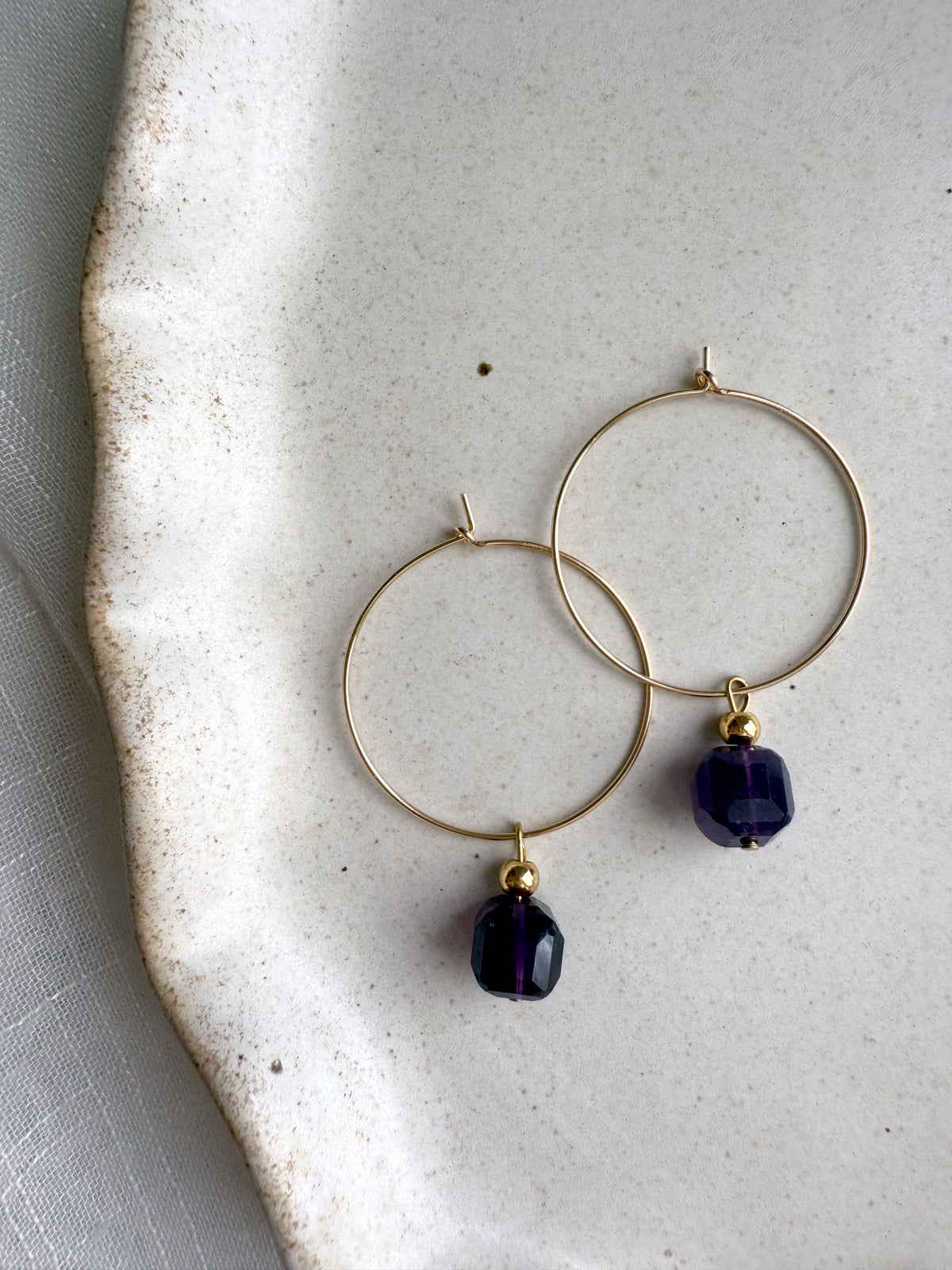 Gold-filled Halo Hoops featuring faceted amethyst gemstone beads, minimalist handmade gemstone hoop earrings for daily wear.