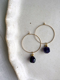 Gold-filled Halo Hoops featuring faceted amethyst gemstone beads, minimalist handmade gemstone hoop earrings for daily wear.