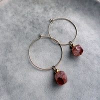 Pair of Halo Hoops featuring faceted red hematoid gemstone beads on gold-filled hoops, elegant handmade gemstone earrings.