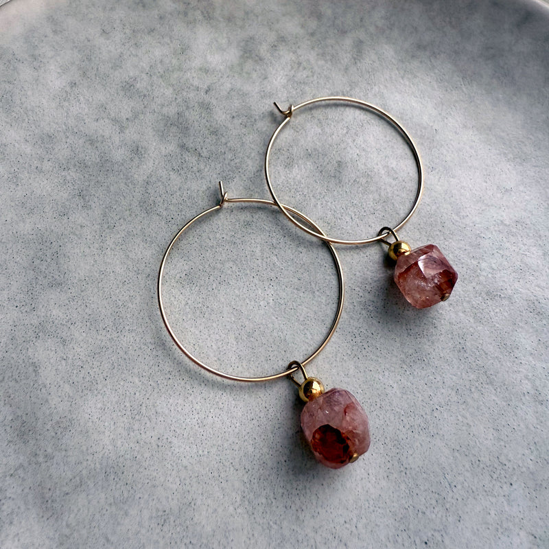 Pair of Halo Hoops featuring faceted red hematoid gemstone beads on gold-filled hoops, elegant handmade gemstone earrings.
