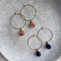 Handcrafted Halo Hoops with red hematoid and amethyst gemstone beads, gold-filled minimalist hoop earrings for everyday wear.