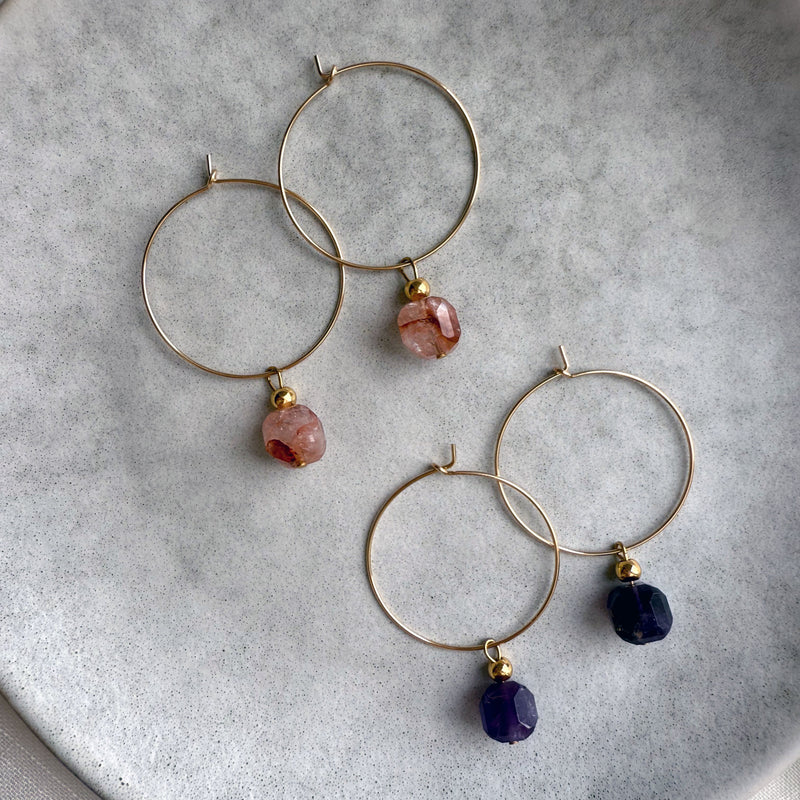 Handcrafted Halo Hoops with red hematoid and amethyst gemstone beads, gold-filled minimalist hoop earrings for everyday wear.