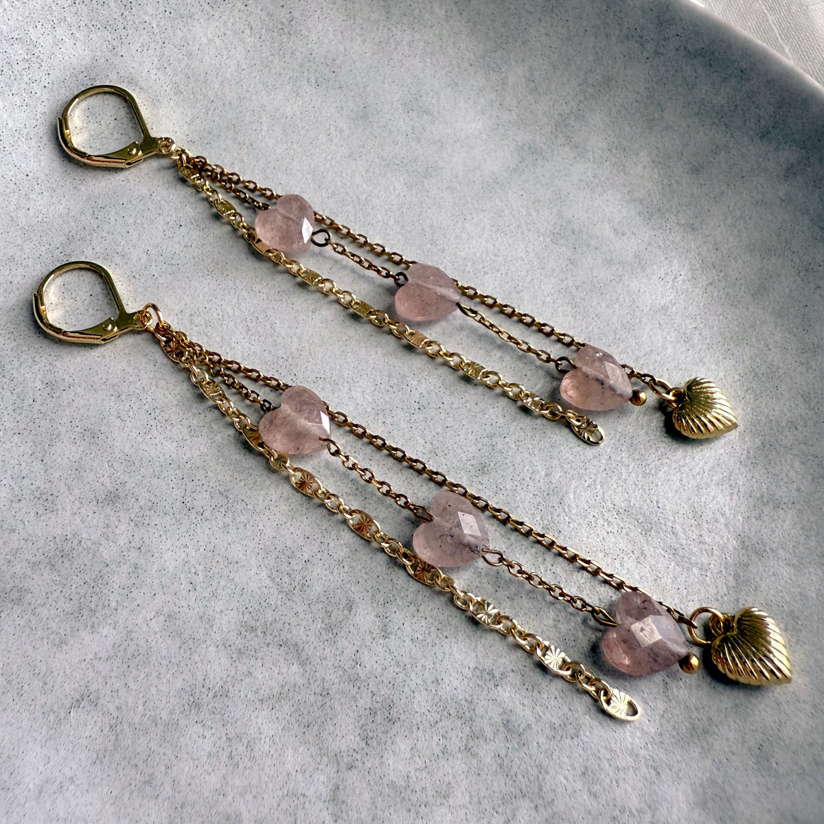 Elegant rose quartz heart earrings with layered gold filled chains and heart charm, minimalist handmade jewelry.